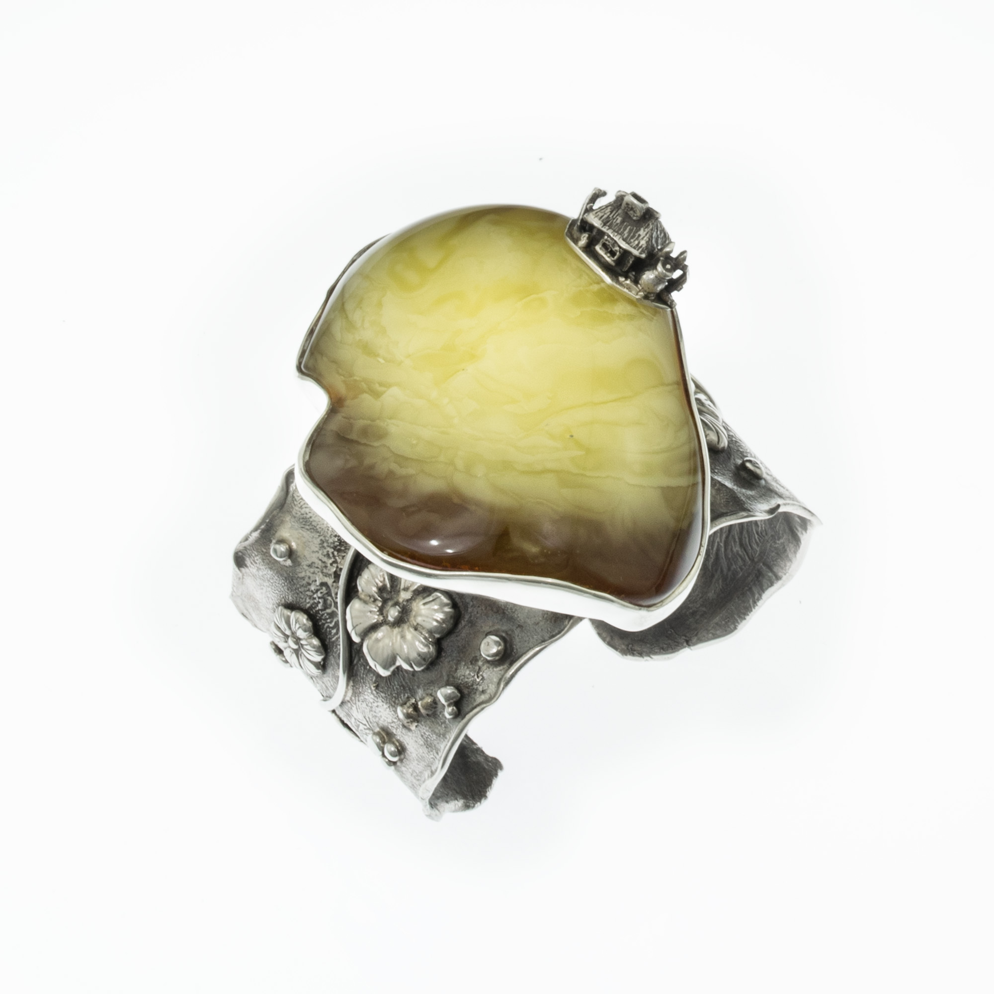 Sterling Silver Baltic Amber Cuff Bracelet with House 3